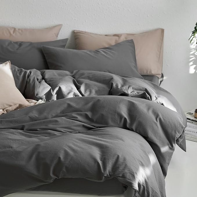 MooMee King Duvet Cover Set, 100% Washed Cotton Linen Like Twill Thick Sturdy Material Super Soft Breathable Durable Bedding for All Season, 3 Pieces (Dark Gray, King 104"x90")