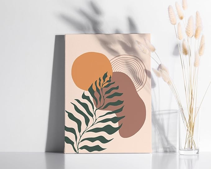 Boho Monstera Leaf Wrapped Canvas Wall Art Abstract Sun Earth Tones Terracotta 12x16 Inch Gallery Stretched Mid Century Modern Home Art Decor