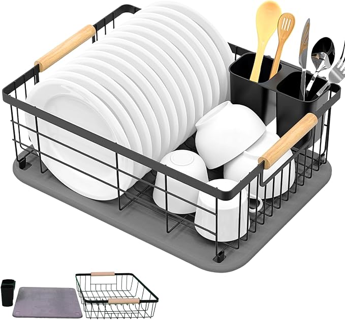 Dish Drying Rack with Stone Drying Mat - Dish Strainers for Kitchen Counter - Quick Absorption, Space Saving, Stainless Steel - Diatomaceous Earth Dish Drying Mat with Cutlery Holder