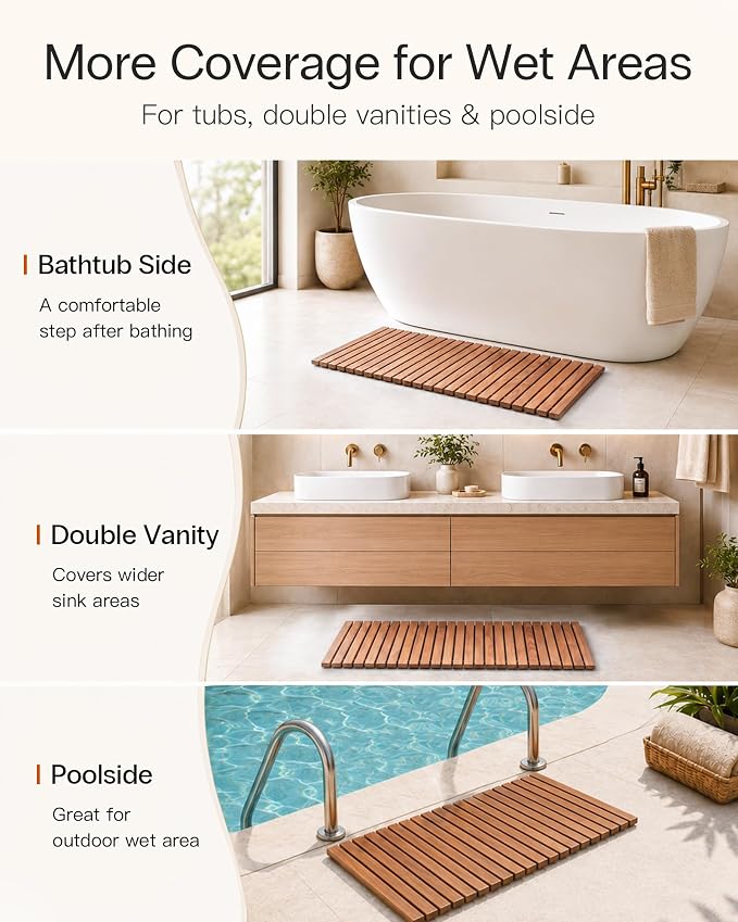 StrongTek Roll Up Teak Bath Mat, Pre-Oiled Wooden Shower Mat with Non-Slip Pads, Teak String Mat for Bathroom, Spa Floor Mat for Tub, Shower & Entry, 35.4 x 19 in