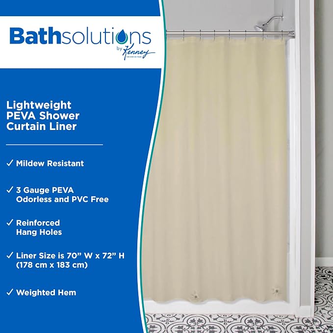 Kenney KN61436 Lightweight 3 Gauge Waterproof PEVA Shower Curtain Liner with Durable Eyelet Hang Holes and Weighted Magnetic Hem for Bathroom, 70" W x 72" H, Taupe, 1-Pack