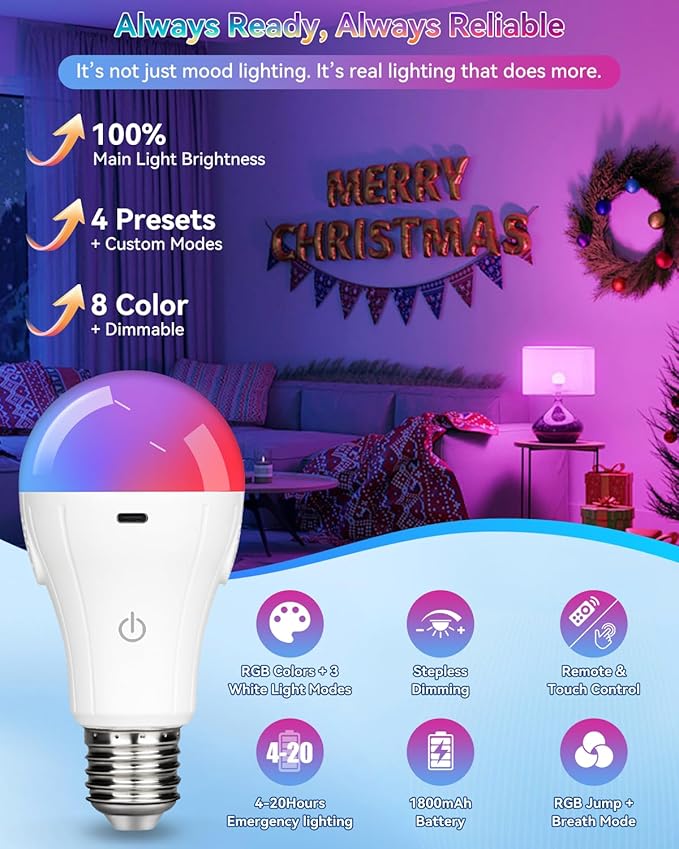 RGB WirelessGlow Rechargeable Light Bulbs with Remote, 8 Color & Dimmable Battery Operated Light Bulb with Memory Mode, 2 Timer, Cordless E26 Bulb for Wall Sconce, Nursery, Power Outage, Closet, 2PK