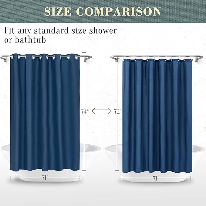 No Hook PEVA Shower Curtain or Liner - 8G Heavy Duty Blue Bathroom Shower Curtain No Hooks Required, Waterproof Plastic & PVC Free, Standard Size 71 x 74, Navy Blue