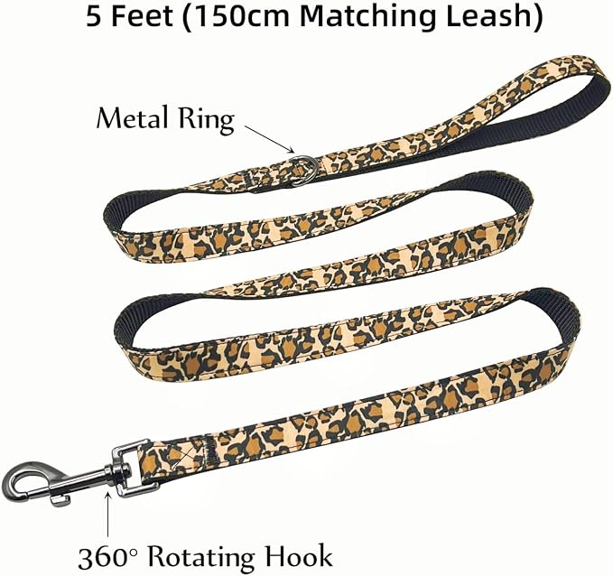 Dog Collar Leash Set, Leopard Pattern, Nylon Webbing Plus Cotton Ribbon, 5ft Matching Leash, for Medium Dogs.(M, Brown Leopard)
