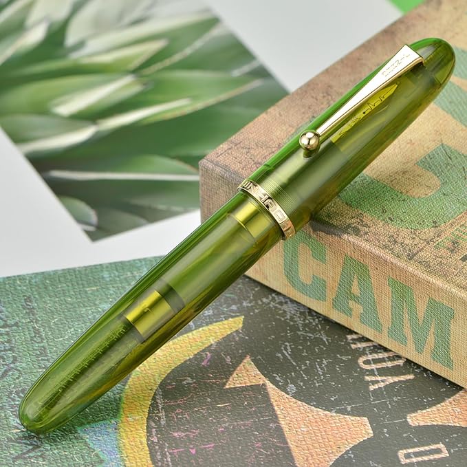 Jinhao 9019 DaDao Series Fountain Pen, Size 8 Fine Cardiogram Nib with Large Ink Converter, Transparent Olive Green Acrylic Design Smooth Writing Pen (Gold Trim)