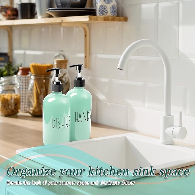 Dish Soap Dispenser for Kitchen - 16 OZ Glass Hand Soap Dispenser Set - Kitchen Bathroom Decor and Accessories (Turquoise Green)