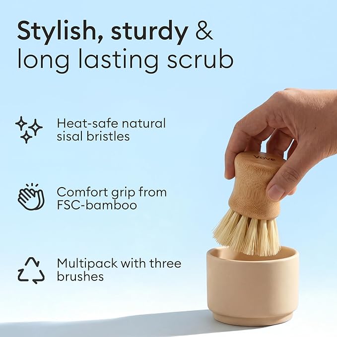 Vove Bamboo Dish Scrub Brush Set, 3-Pack Plastic-Free Kitchen Brushes for Dishes Pots and Cast Iron, FSC-Certified Bamboo with Natural Sisal and Union Fiber Bristles, 2 Hard and 1 Medium Brush