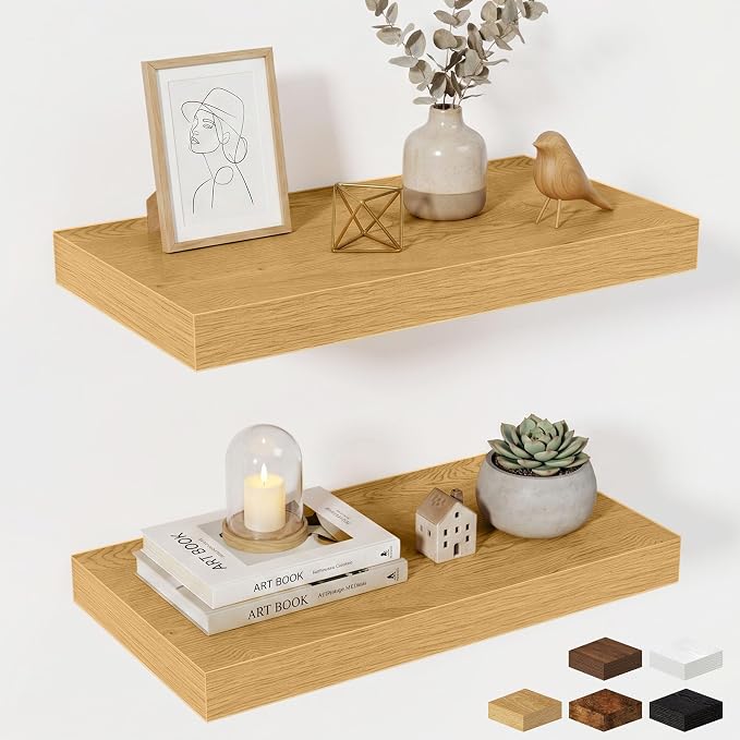 Fun Memories Wood Floating Shelves 20 Inch, 10 Inch Deep Shelves Wall Mount, Wall Shelves with Invisible Bracket, 20" Floating Shelves for Living Room Bathroom Bedroom, Oak, Set of 2