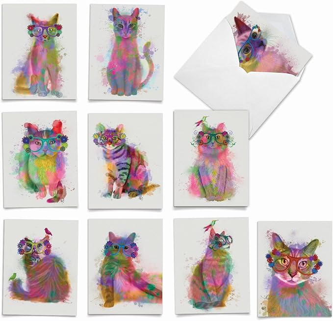 The Best Card Company - Assorted Kittens Watercolor Blank Greeting Box Set - Incl. 10 Unique Design Notecards + Envelopes for Thank You, Invitation - Funky Rainbow Cats AM6199OCB-B1x10