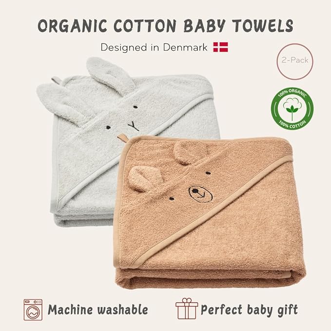 Hooded Baby Towels – 100% Organic Cotton Baby Bath Towels – Baby Boy Newborn Essentials - Super-Soft and Absorbent. (2-Pack Rabbit Pearl Grey and Bear Natural)