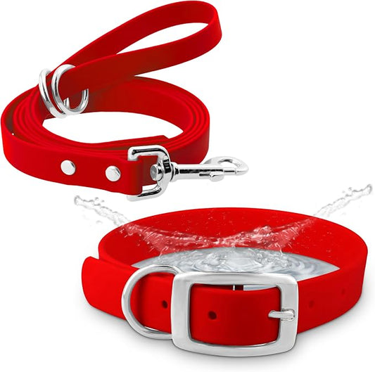 Regal Dog Products Large Red Waterproof Dog Collar and Leash Set | Heavy Duty Double Buckle & D Ring - 5'ft Leash | Adjustable Biothane Dog Collar | Chew Resistant Waterproof Collar for Dogs