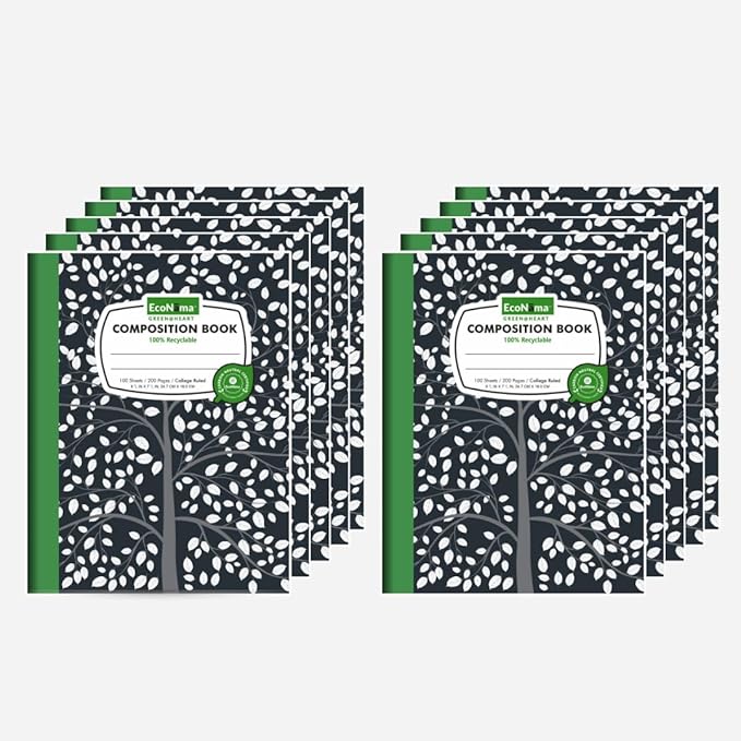 Composition Notebooks Pack of 10 Wide Ruled 200 Pages (100 Sheets) 9.75"x7.5" Black Marble Carbon Neutral Recyclable Paper Eco-Friendly School & Office Supplies For Students and Professionals