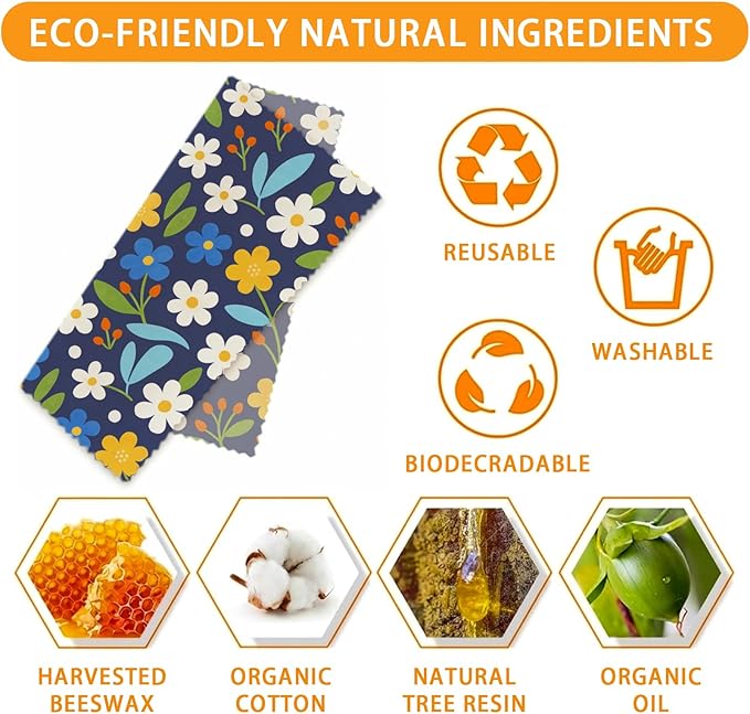 Reusable Beeswax Wrap, 9 Pack Eco-Friendly Beeswax Wraps For Food, Organic, Sustainable, Biodegradable, Zero Waste, Plastic-Free Food Storage, 1XL, 3M, 5S (Butterfly, Floral & Leaves)