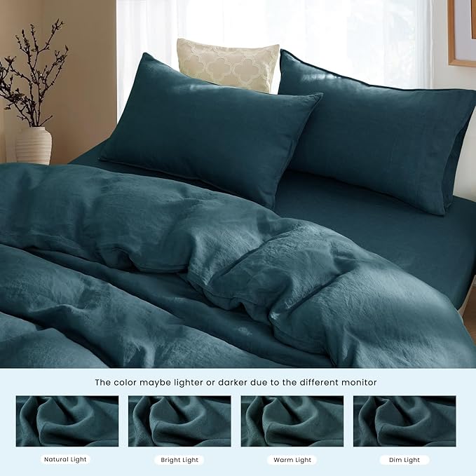 S VICTORY SYMBOL 100% Organic Linen Duvet Cover Set 3PCS King Size,Pure Natural French Flax Bedding,1 Comforter Cover and 2 Pillowcases,Farmhouse Bedding Set(Sea Blue)