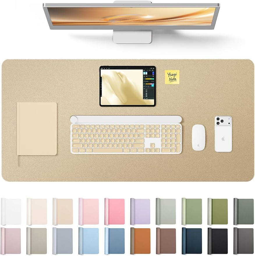 YSAGi Leather Desk Pad Protector, Office Desk Mat, Large Mouse Pad, Non-Slip PU Leather Desk Blotter, Laptop Desk Pad, Waterproof Desk Writing Pad for Office and Home (Gold, 31.5" x 15.8")