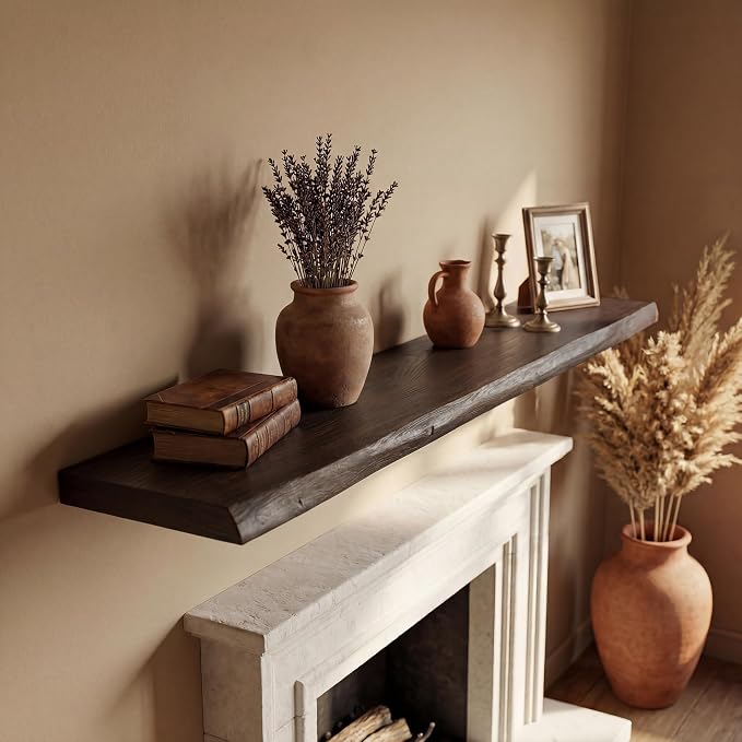 55" Live Edge Floating Shelf, Solid Elm Wood Wall Shelf | 1.4" Thick, 9.3" Deep, 50 lb Load Capacity, FSC Certified Solid Elm Display Shelf for Living Room, Bedroom, Kitchen & Office