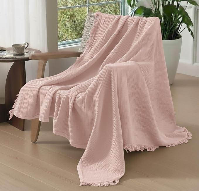KyraHome 100% Organic Cotton Muslin Throw Blankets for Couch, Girls, Adults, 50"x60", Pre-Washed Plant Dyed, Breathable Lightweight Summer Throw Blanket, All Season (Soft Pink)