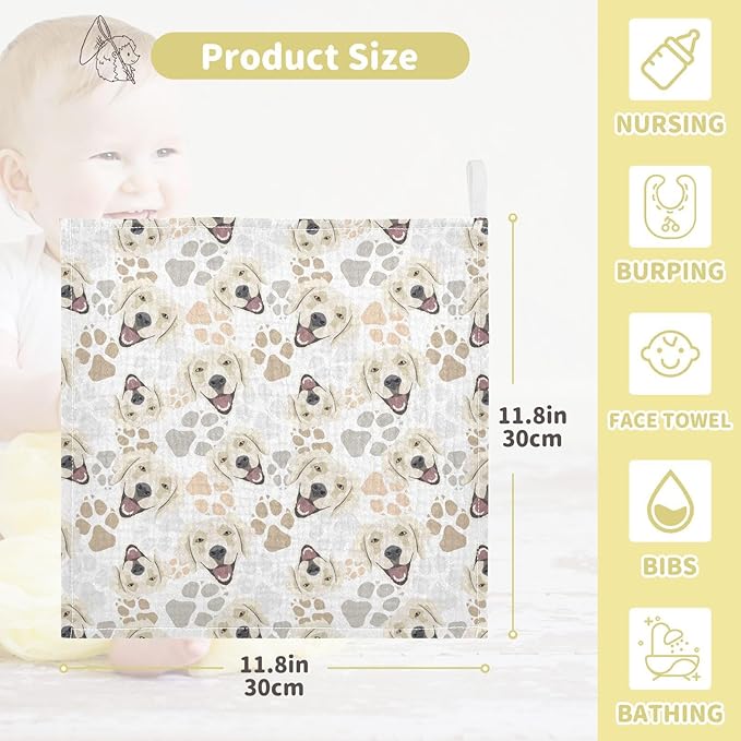 Baby Golden Retriever Dog Muslin Washcloths 3 Pack - Muslin Burp Cloths Hanky Large 11.8"X11.8" Extra Soft Absorbent Baby Burp Rags for Newborn 100% Cotton for Boys Girls Gift