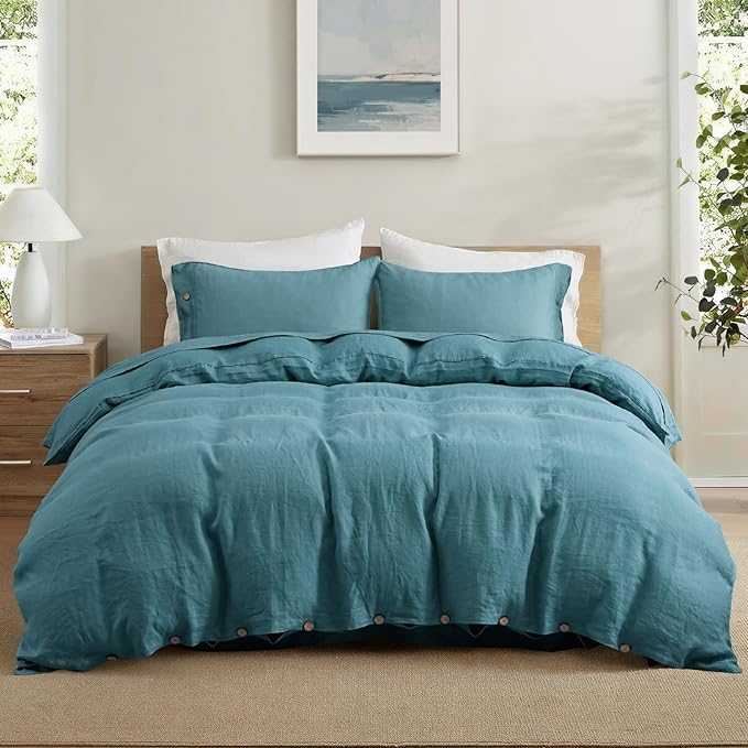 S VICTORY SYMBOL 100% Pure Linen Duvet Cover Set 3pcs,Natural French Washed Flax Solid Color Breathable(1 Duvet Cover and 2 Pillowcases) with Coconut Buttons Closure(Full,Mineral Blue)