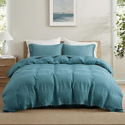 S VICTORY SYMBOL 100% Organic Linen Duvet Cover Set King Size 3pcs,Natural French Washed Flax CK Bedding Set(1 Duvet Cover 106"x92"and 2 Pillowcases) with Coconut Button Closure(Mineral Blue)