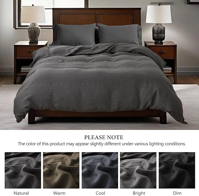 100% Linen Duvet Cover Set, 3 PCS Natural French Flax Dark Grey Duvet Cover Queen Size, Breathable Soft Comfy Linen Bedding Comforter Cover with 2 Pillowcases(Dark Grey, 88" x 92")
