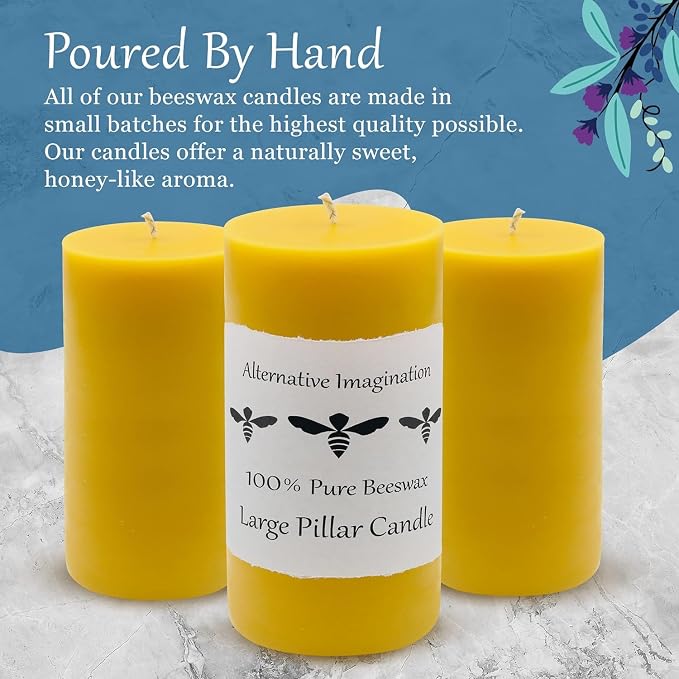 100% Pure Beeswax Candle – Long Lasting Burn – Non-Toxic & Hypoallergenic – Natural Honey Aroma – Handcrafted – Sustainably Sourced – Alternative Imagination – 3x6 Inch – Natural Yellow – 2 Pack