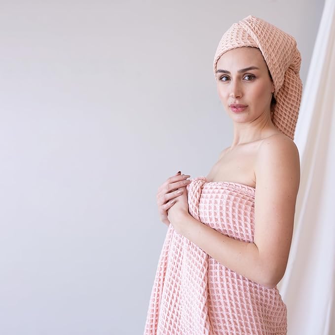4-Piece Waffle Towels Set for Bathroom - Soft 100% Turkish Cotton Quick-Dry Lint-Free Waffle Weave Thin Bath and Hand Towels (Light Pink, 2 Bath & 2 Hand Towel Set)