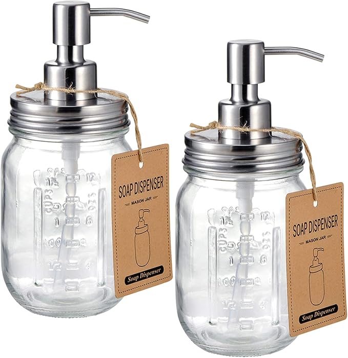Amolliar Mason Jar Liquid Soap Dispenser, Stainless Steel Mason Jar Lid & Pump, Refillable Hand Soap Dispenser, Lotions, Dish Soap Bottle for Kitchen Bathroom, Bathroom Decor, Brushed Nickel 2 Pack