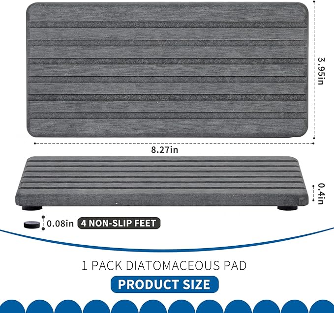 Hand Soap Holder for Bathroom, Water Absorbing Stone Drying Tray, Fast Drying Diatomite Stones Soap Trays for Countertop, 4x8 Inch Rectangle Grooved Design, with Non-Slip Pad, for Bathroom Sink