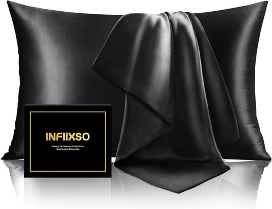 INFIIXSO Mulberry Silk Pillowcase for Hair and Skin, Silk Pillow Cases Standard Size with Hidden Zipper 20x26 Inches, Extraordinary Smooth and Soft Cooling Pillow Cases for Hot Sleepers(Black, 1 Pack)