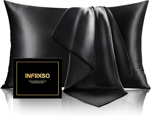INFIIXSO Mulberry Silk Pillow Case King Size, Silk Pillowcase with Hidden Zipper 20"x36", Extraordinary Smooth and Soft Pillow Cases for Hair and Skin(Black, 1 Pack)