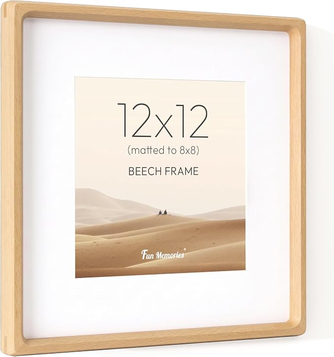 12x12 Frame, USA-Sourced Beech Wood Photo Frames with HD Tempered Glass, Handcrafted Rounded Corner Square Wooden Frames Matted to 8x8 Photos, 12x12 Picture Frame, Tabletop or Wall Display
