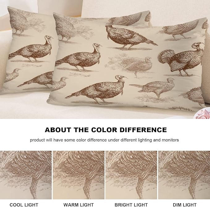 Shrahala Wild Turkeys Decorative Throw Pillow Cover, Vintage Turkey Illustration Lumbar Pillowcase Blended Double-Sided No Inserts for Bedroom Living Room Set of 2 (12 x 20 in)