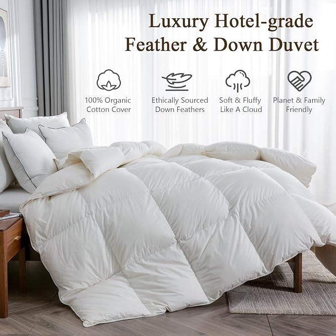 BPC Goose Feather Down Fiber Comforter King Size - 100% Organic Cotton Cover, 750 FP Cloudy-Fluffy Duvet Insert Filled with Puffy Feather Down Filling for All-Season, White, 106x90 Inches