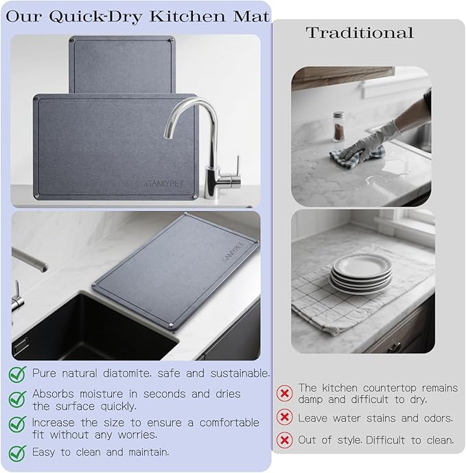 Stone Dish Drying Mat 24"×16" Large Diatomaceous Earth Dishes Quick Dry Pad for Kitchen Counter with Heighten Stainless Steel Feet, Fits Various Countertops & Drain Bowl Racks, Dark Gray