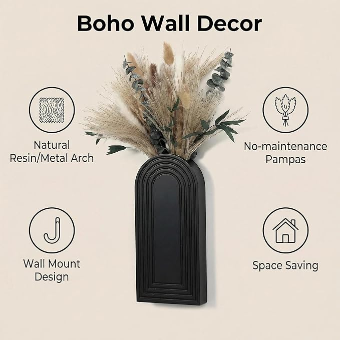 Set of 2 Wooden Wall Vases with Dried Pampas Grass & Eucalyptus, Boho Farmhouse Decor for Living Room, Entryway, Bathroom, Rustic Home Art(Black)