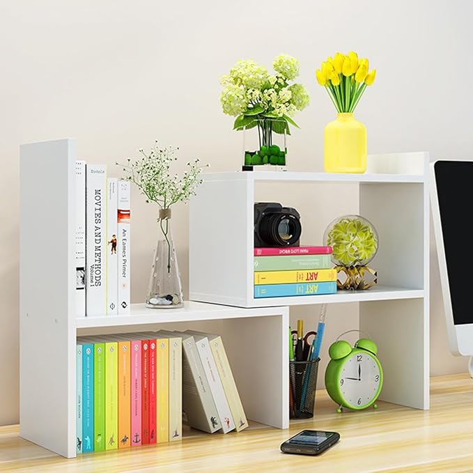 PowerKing Wood Desktop Organizer, Adjustable Display Shelf Rack for Home Office Desktop Storage Supplies Organization (White)