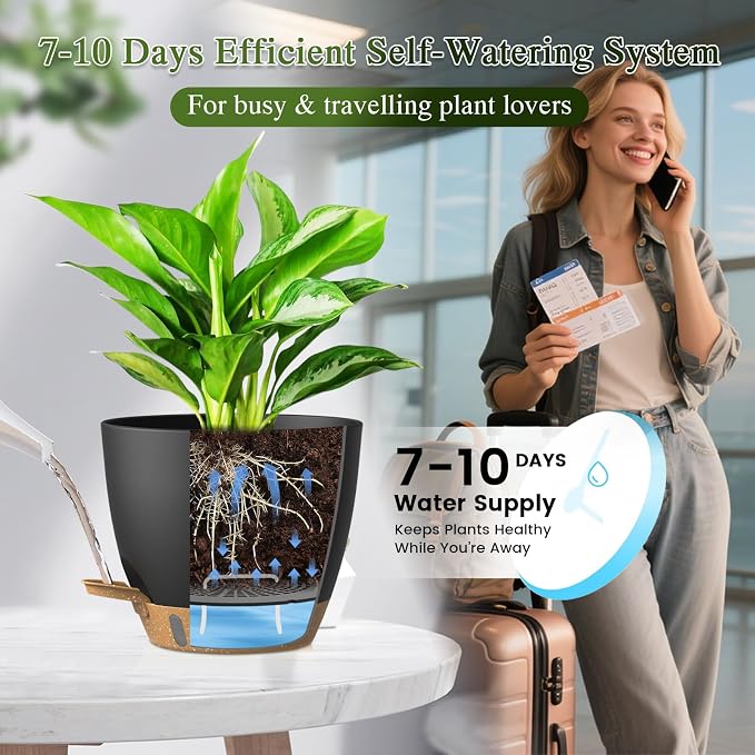 Self Watering Pots with Drainage Holes, 2 Pack 8 Inch Plant Pots with Water Level Indicator Deep Reservoir, Large Plastic Planter for Indoor Outdoor Plants - Black Brown
