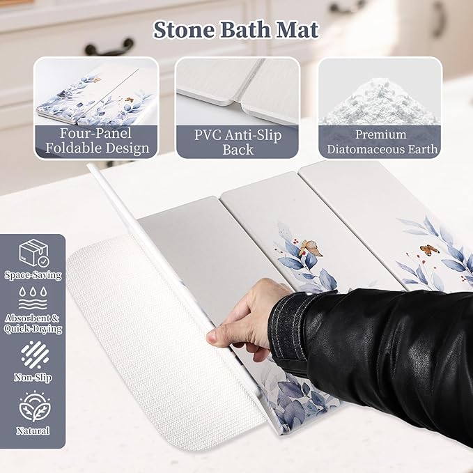 Large Stone Dish Drying Mat for Kitchen Counter, 24"×16" Quick Dry Dishes Mats, Foldable Diatomaceous Earth Drying Organizer Pad Water Absorbing for Plate Bottles Utensils