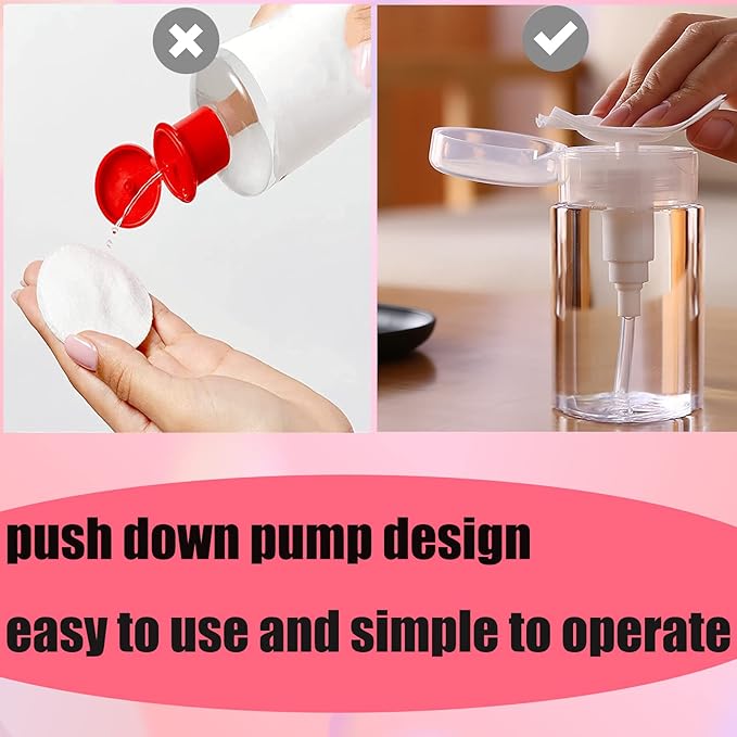 3 Pack Push Down Pump Dispenser Empty Push Top Bottles Containers for Nail Polish Makeup Remover Micellar Water Facial Toner 6.7oz/200ML