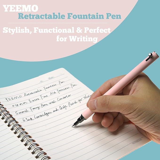 Retractable Fountain Pen – 0.38 mm Extra Fine Nib Fountain Pen, Smooth Fancy Pens with Converter, 6 Ink Cartridges & Gift Pouch for Writing (Pink)