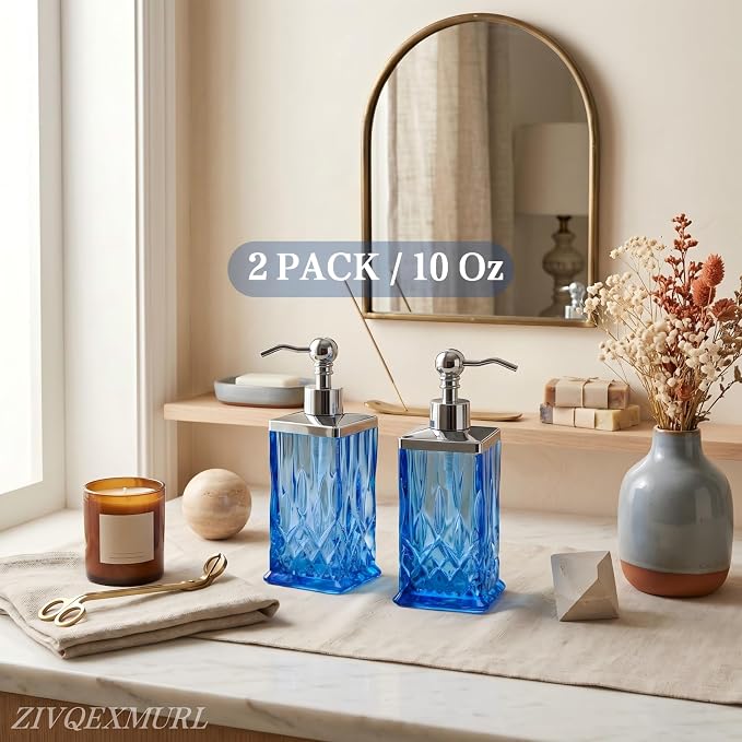 2 Pack 10 Oz Glass Soap Dispenser with Rustproof Stainless Steel Pump,Blue Square Textured Refillable Hand Soap Dispenser with Vertical Fluting for Lotion, Soap,Body Wash, Kitchen & Bathroom Organizer