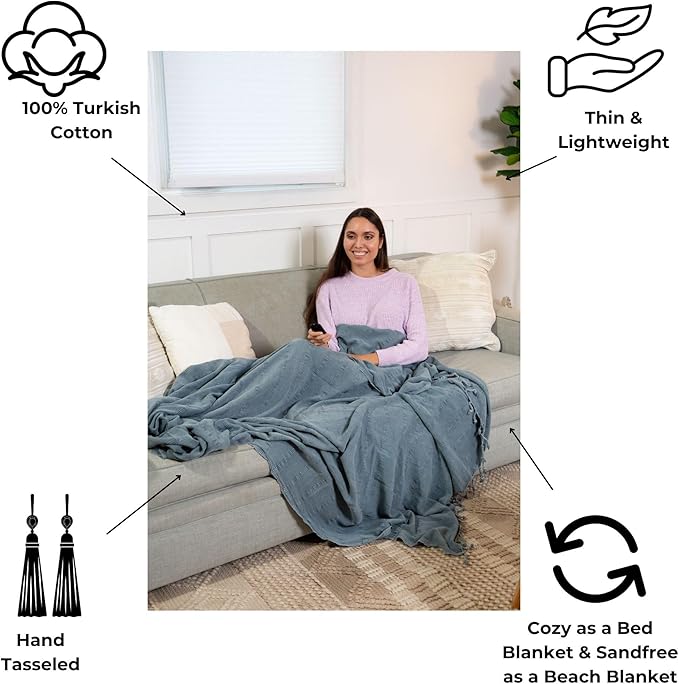 InfuseZen Large Stonewashed Turkish Throw Blanket - 100% Organic Turkish Cotton - 92" x 69" - Soft, Lightweight, Cozy - Love Seat, Sofa, Bed, Picnic, Yoga - Sand Free Beach Blanket - Denim