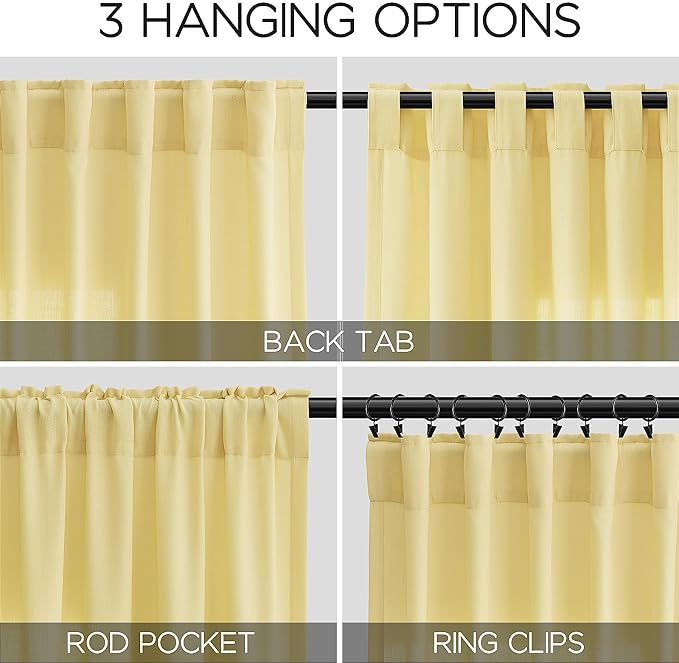 Yellow Linen Semi Sheer Curtains 108 Inches Long 2 Panels Set Back Tab Loop Pocket Linen Blend Boho Decor Large Window Curtain Extra Long Light Filtering Drapes High Ceiling for Living Room 52x108