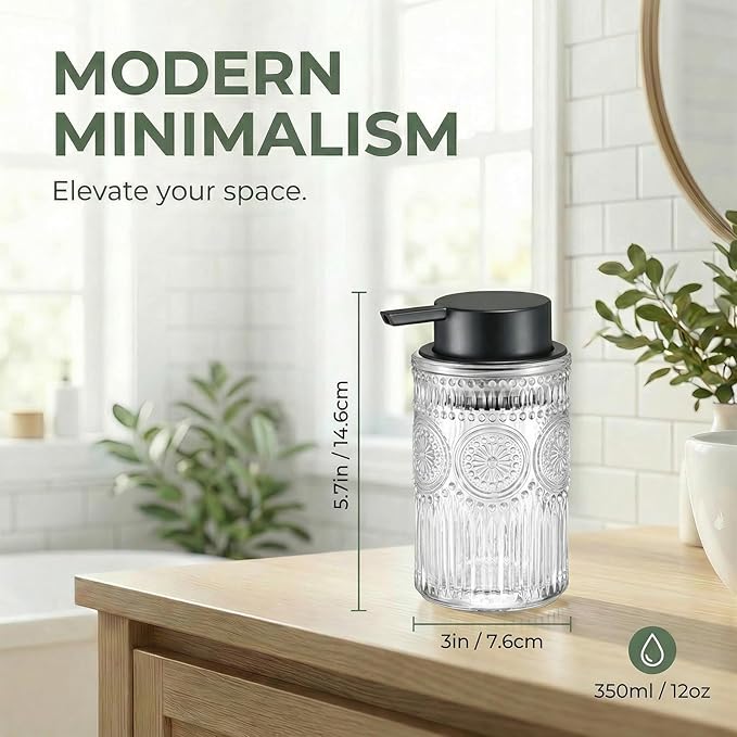 Clear Glass Foaming Hand Soap Dispenser with Matte Black Pump Decorative Thick Embossed Bottle Refillable for Bathroom and Kitchen 12 fl oz