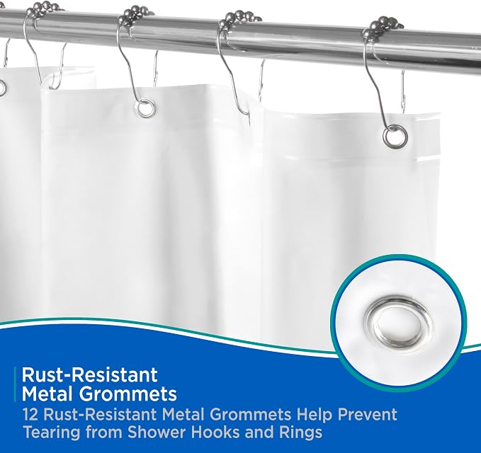Kenney KN61440 Medium Weight 5 Gauge Waterproof PEVA Shower Curtain Liner with Rust-Resistant Metal Grommets and Weighted Magnetic Hem for Bathroom, 70" W x 72" H, White, 1-Pack