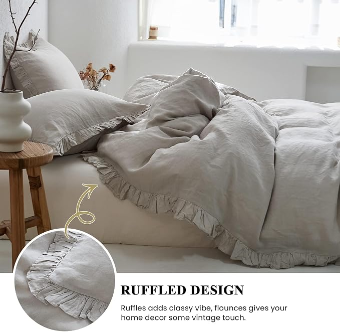 Simple&Opulence 100% Linen Duvet Cover Set, 3 PCS Natural French Flax Light Grey Ruffle Duvet Cover Full Size, Breathable Comfy Linen Bedding Comforter Cover with 2 Pillowcases (Light Grey, 78" X 86")
