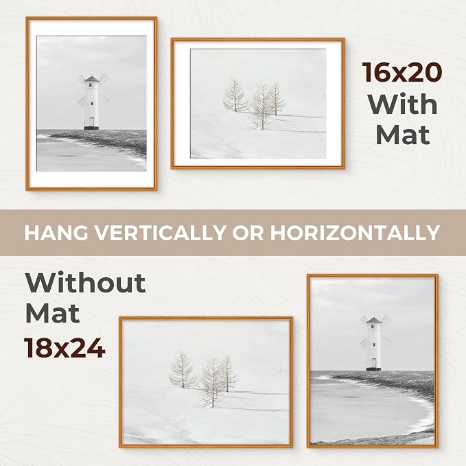 18x24 Picture Frame with Mat for 16x20, USA-Sourced Teak Wood Handcrafted Rounded Corner with HD Tempered Glass, 18 x 24 Gallery Wall Frames for Posters & Art Prints, Vertically or Horizontally