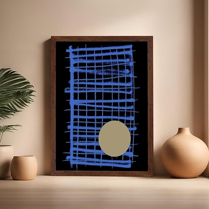 Monem Art Blue Grid Abstract Geometric Print - Modern Minimalist Art Poster - Wall Decor for Living Room, Bedroom or Office - 16x20 Brown Framed Wall Art by Mareike Bohmer