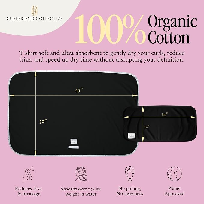 Curlfriend Collective Cotton Cloud T-Shirt Hair Towel Duo – Black to Basics Hair Towel Wrap for Women, XL + Mini Hair Drying Towels for Curly Hair, No-Slip Plopping Towel, Ultra Absorbent Cotton